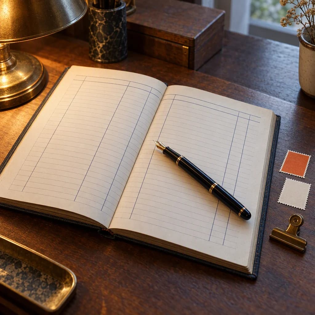 An open ruled mail ledger with a fountain pen resting across the page and blank postage stamps beside it