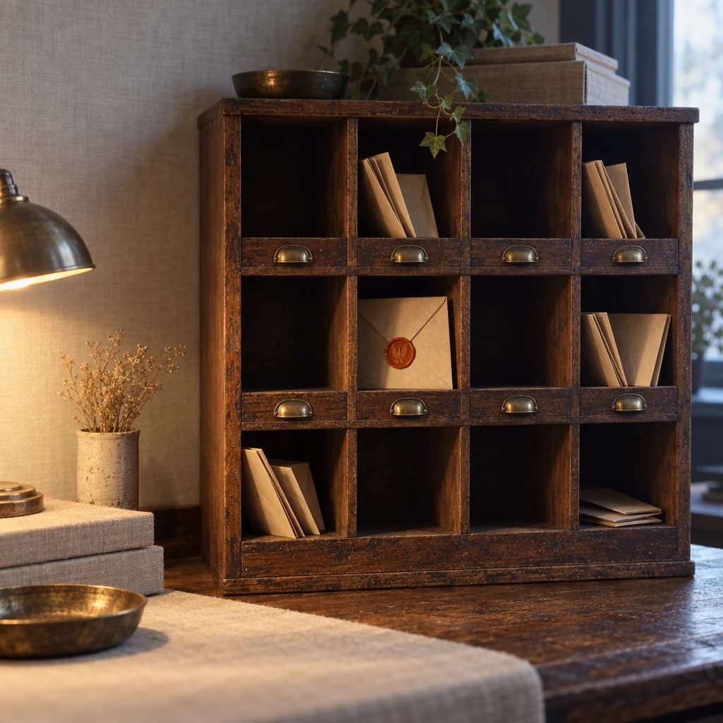 A worn wooden pigeonhole mail organiser with kraft envelopes slotted into its compartments