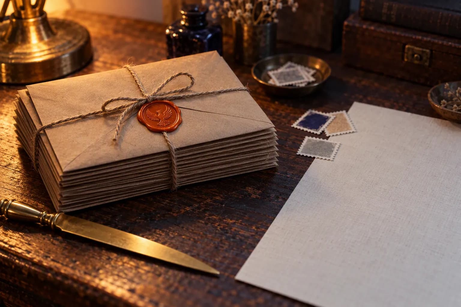 A neat stack of kraft envelopes tied with twine on a linen desk pad beside a brass paper knife