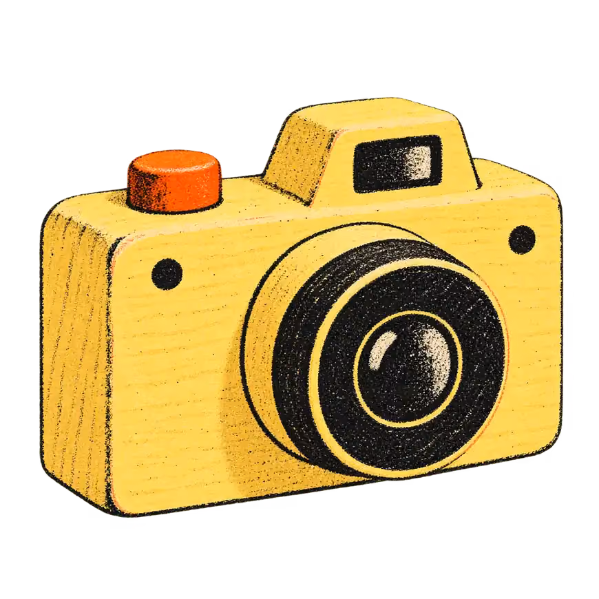 A risograph-printed wooden toy camera in canary yellow