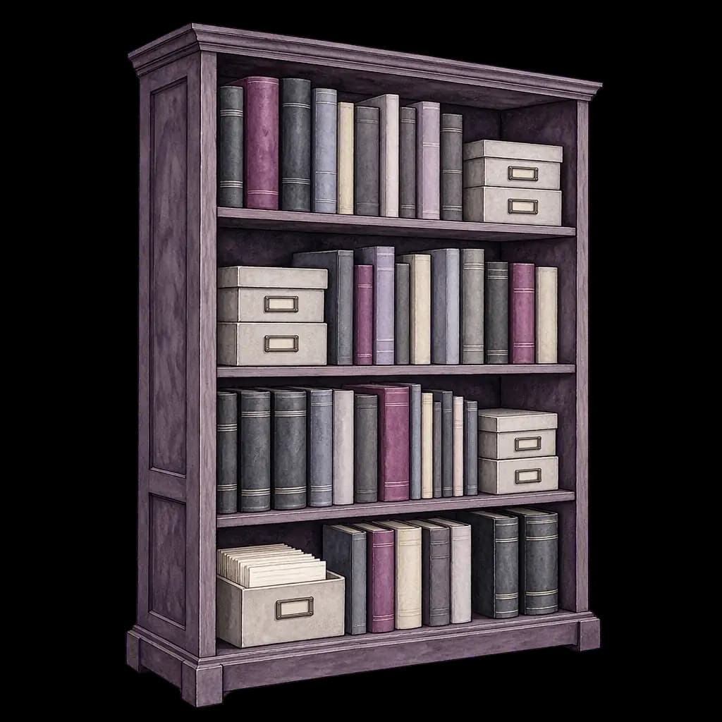 An ink-and-wash library shelf of reference books and index cards