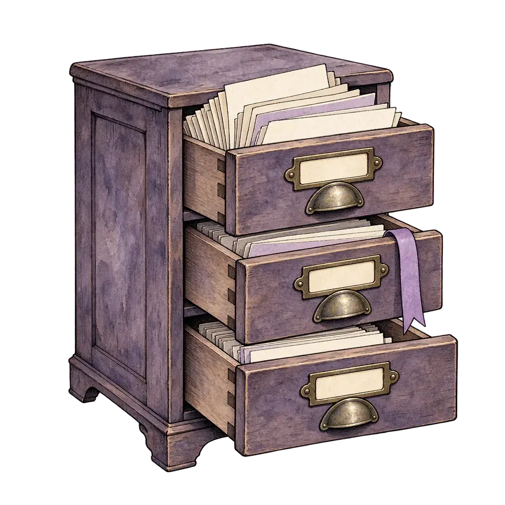An ink-wash card-catalogue cabinet with index cards fanned out