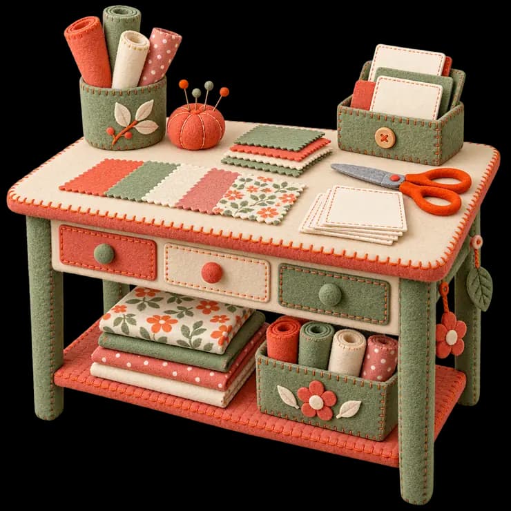 A felt and fabric studio table with swatches and blank cards