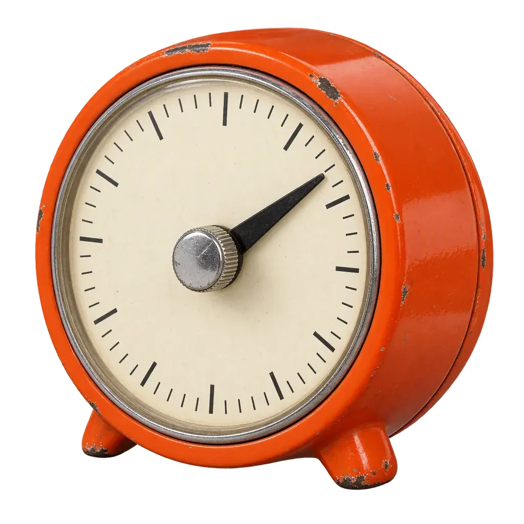 An orange wind-up countdown timer with a cream dial