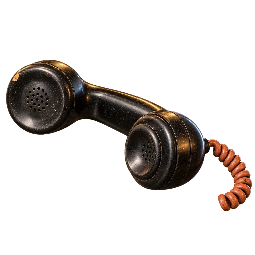A worn black telephone handset lying off the hook with its coiled cord