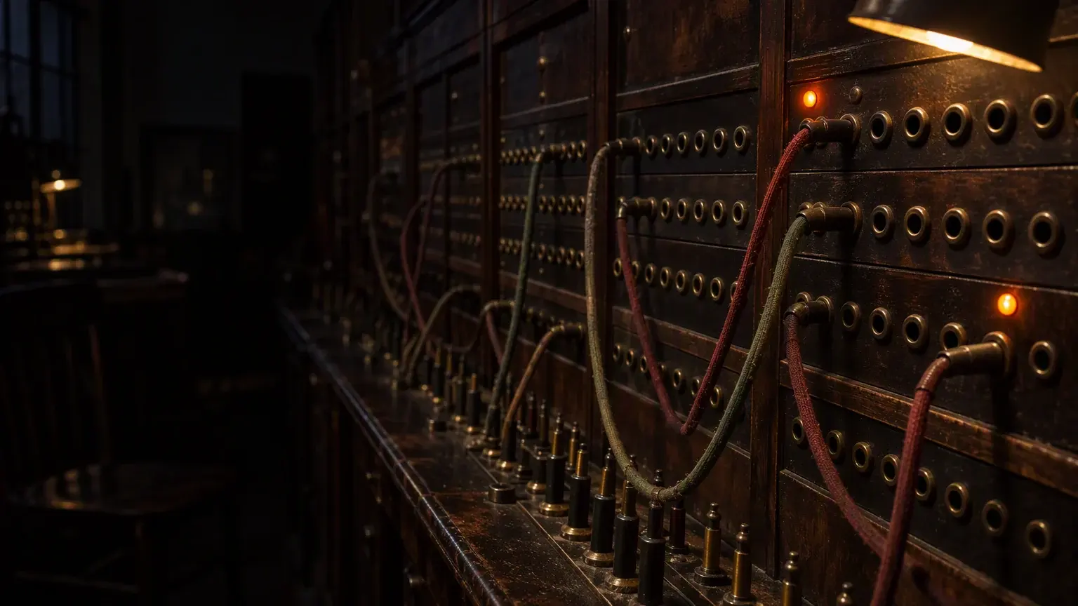 A dim telephone exchange patch panel with fabric cords plugged into brass sockets