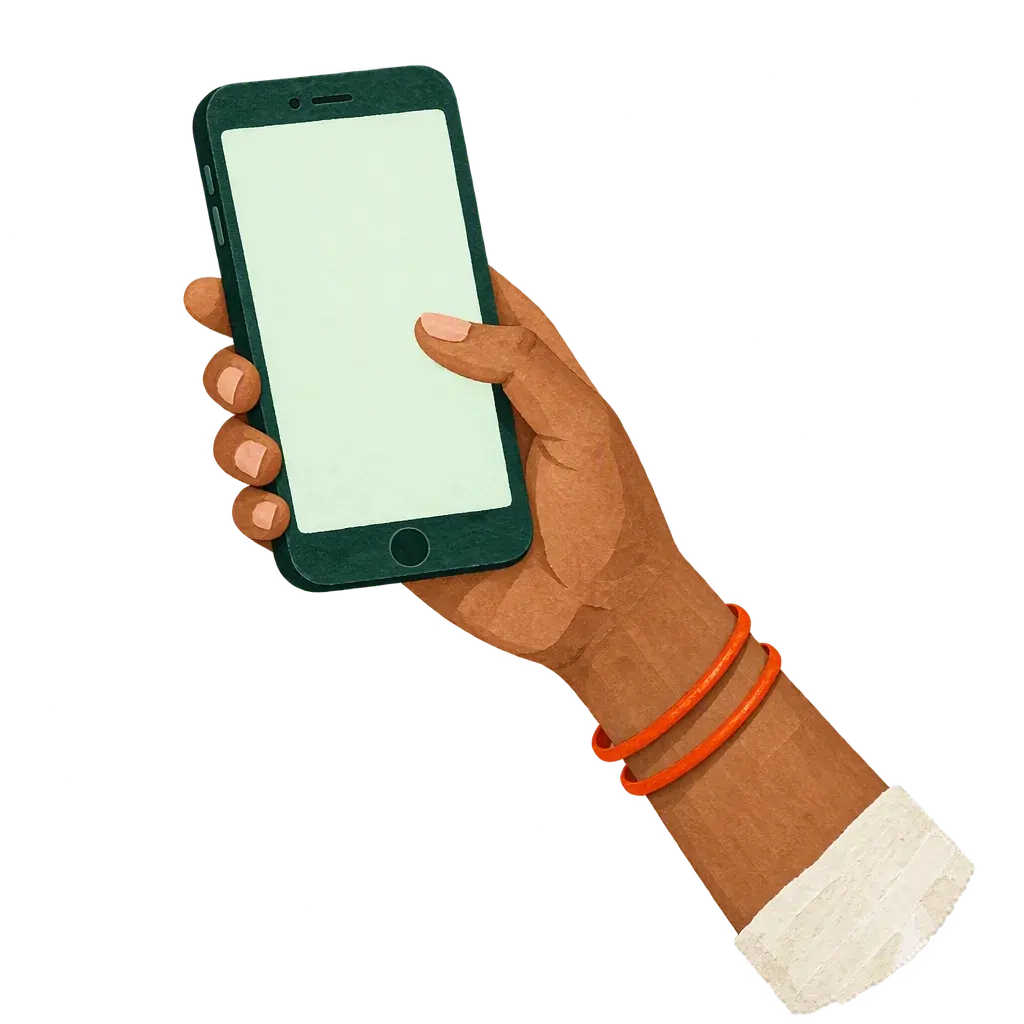 A paper-cut illustration of a hand holding a phone with a blank green screen