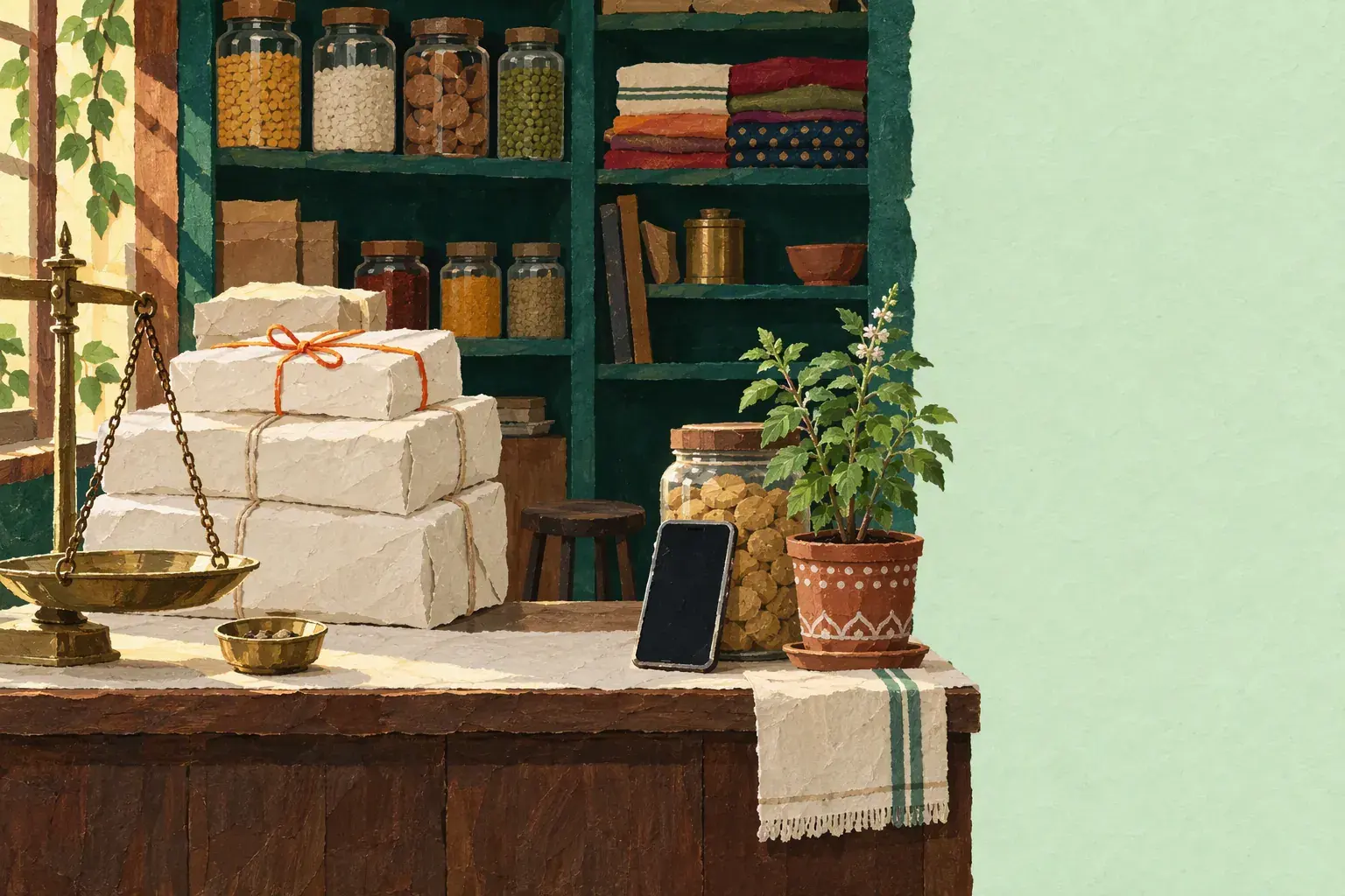 An illustrated shop counter with brass scales, wrapped parcels, a phone and a tulsi plant