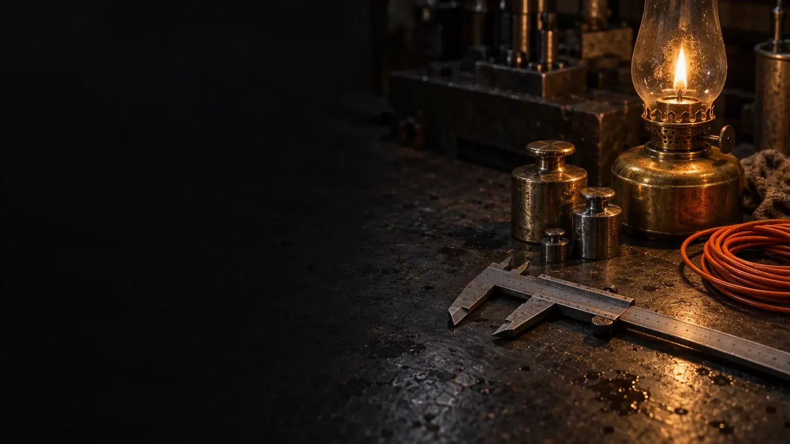 A brass oil lamp, a stack of machined calibration weights and steel calipers on a dark workbench under one low work lamp