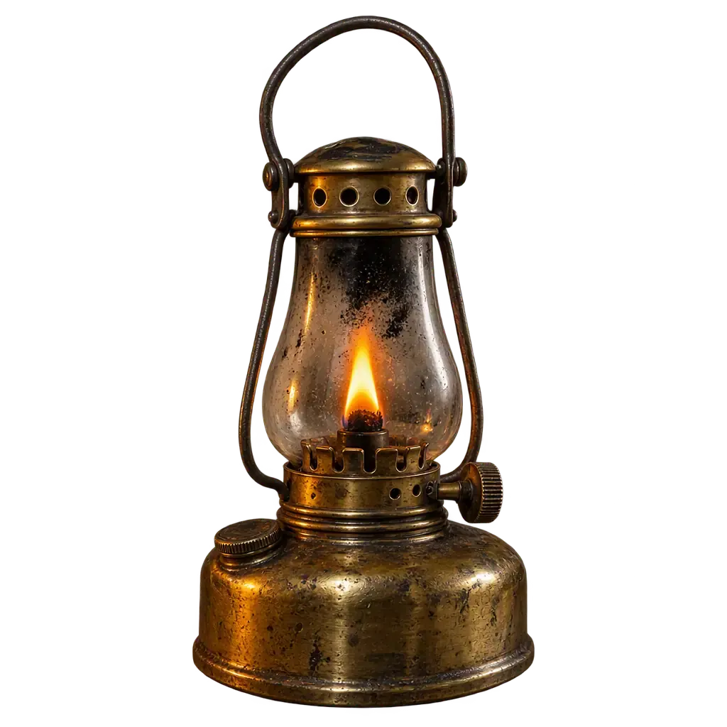 A brass watchman's oil lamp with a small steady flame behind its sooted glass chimney