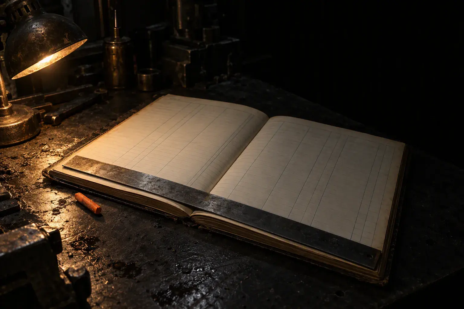 A large ledger lying open under a single work lamp, its ruled columns blank, a steel straight edge holding the page flat