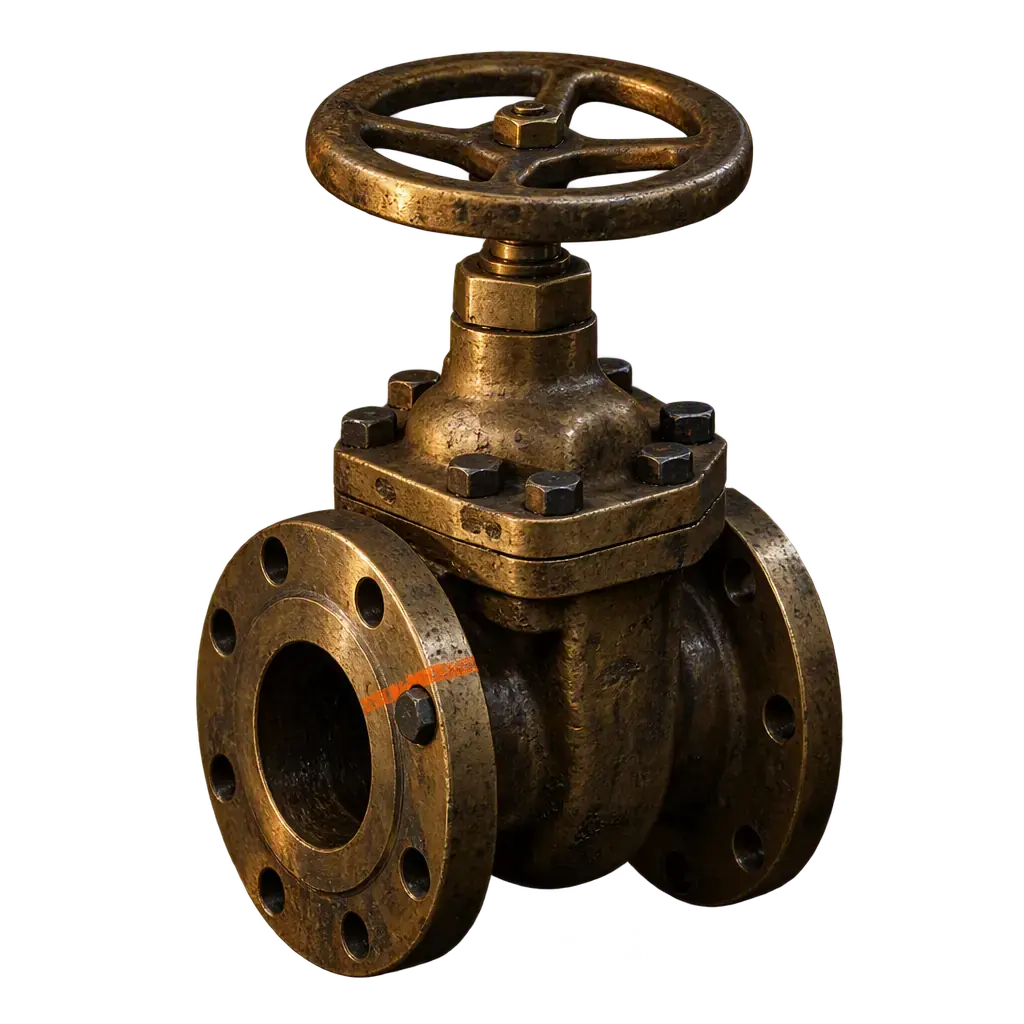 A heavy brass gate valve with a five-spoke handwheel and an orange paint witness mark across one bolt