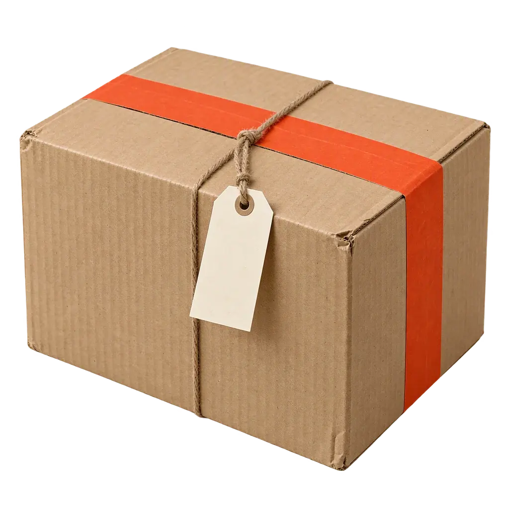 A kraft cardboard parcel sealed with coral tape, string tag attached