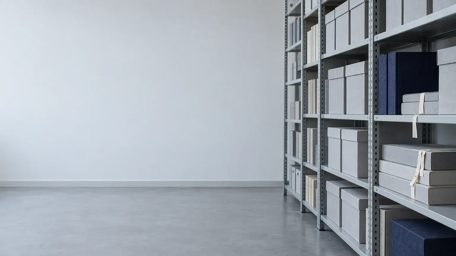 A long run of plain steel shelving in a records room, carrying grey document boxes under even north light