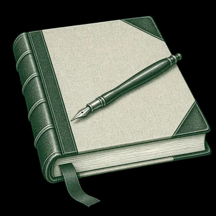 An engraved illustration of a closed account ledger with a dip pen resting on its cover