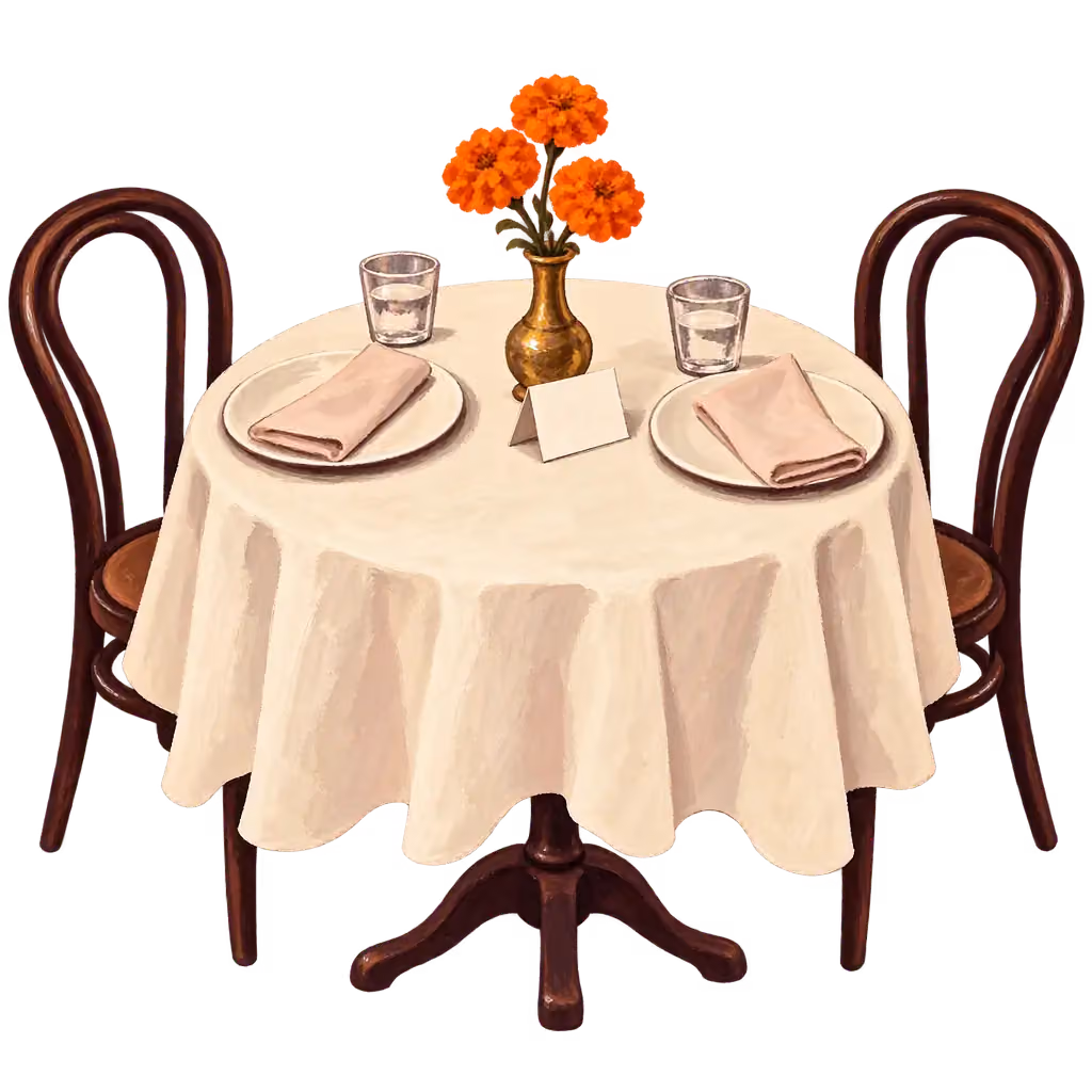 A gouache painting of a restaurant table laid for two, with marigolds in a brass vase
