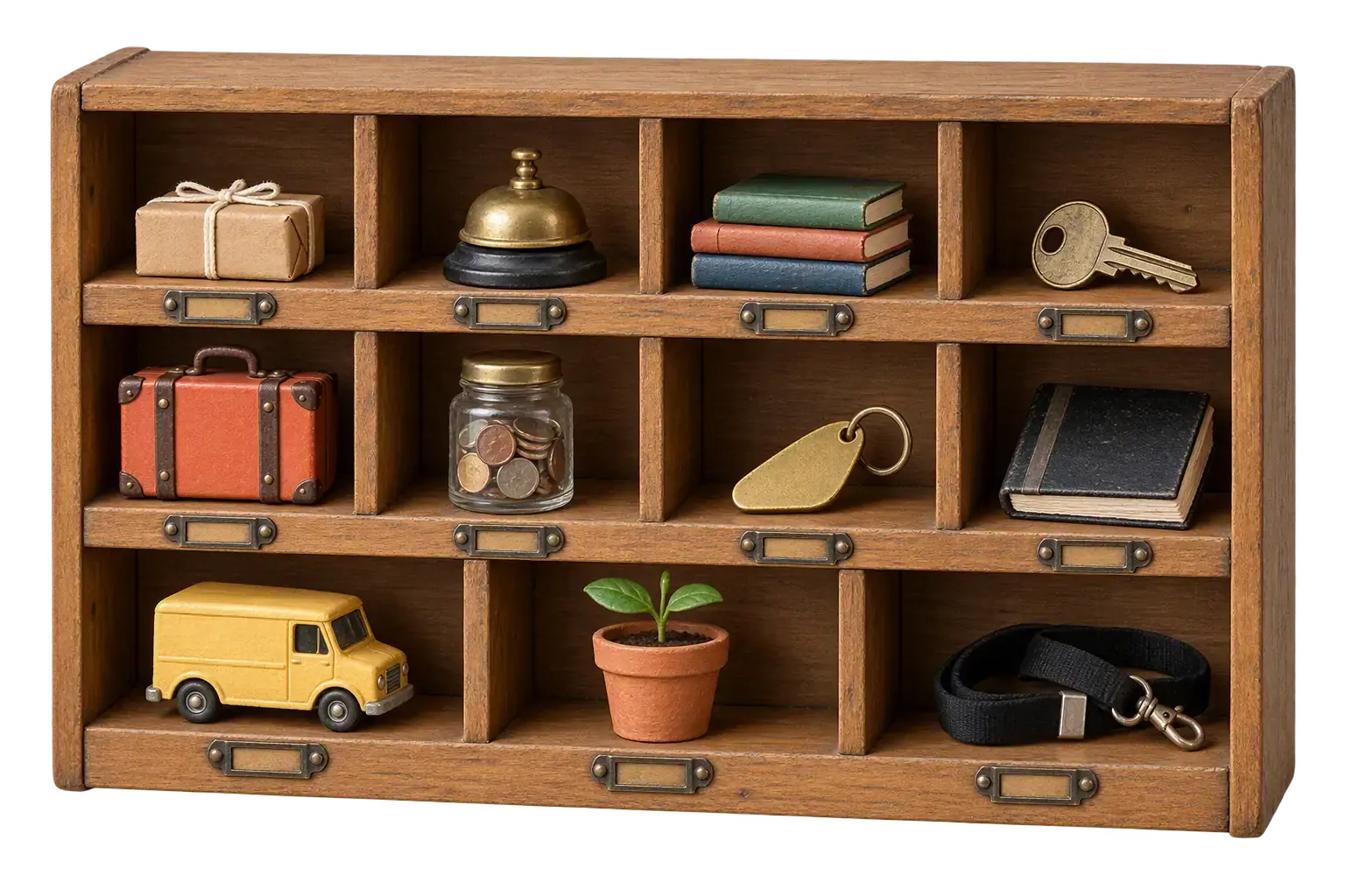 A wooden sorting cabinet with eleven pigeonholes, each holding one small object: a parcel, a desk bell, books, a key, a suitcase, a coin jar, a key fob, a ledger, a toy van, a seedling and a lanyard