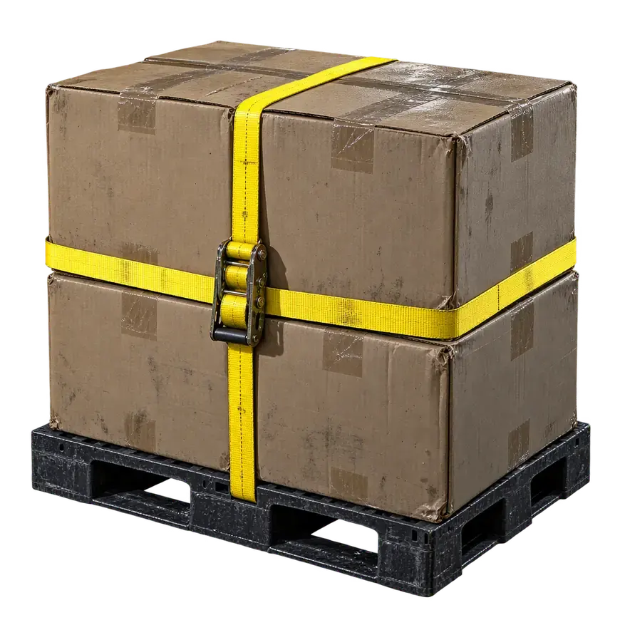 Four plain shipping cartons stacked and bound together with a hi-vis yellow ratchet strap