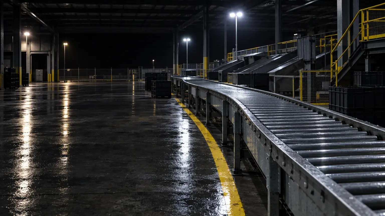A steel roller conveyor curving away through an idle sorting hall at night, a yellow safety line painted on the floor beside it