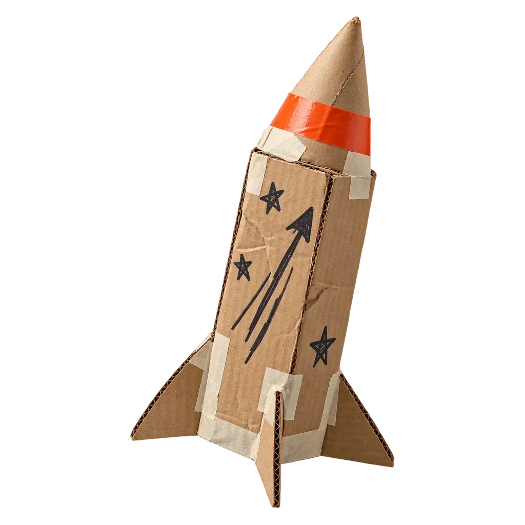 A home-made rocket built from a cardboard shipping box and masking tape, with one orange stripe of tape around the nose