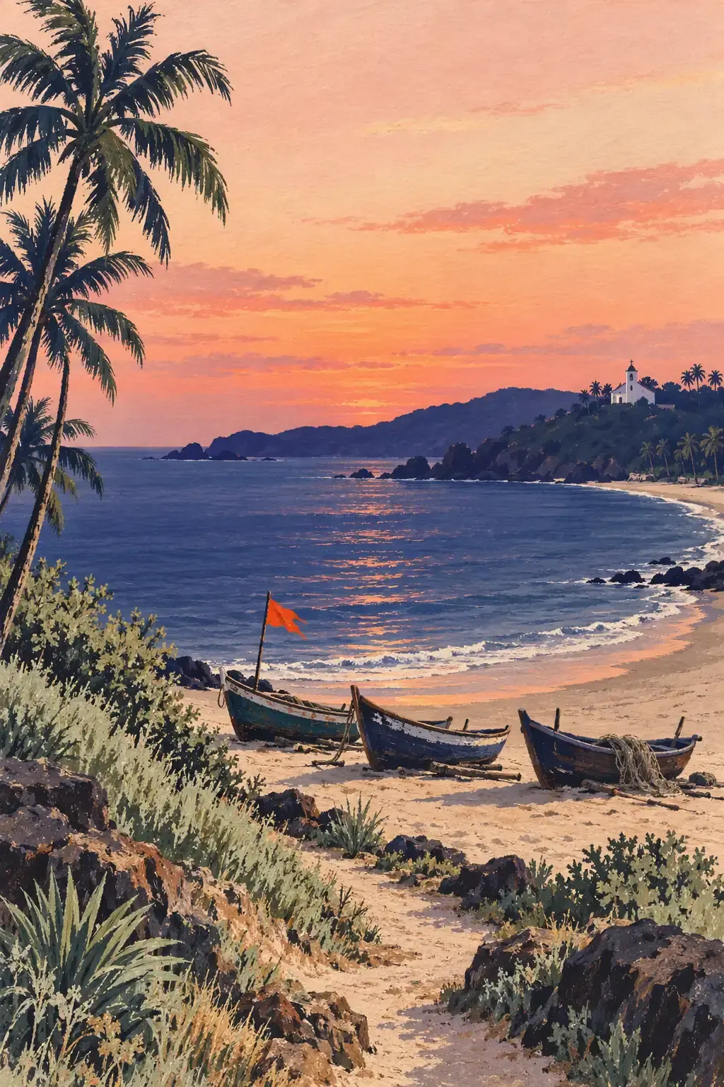 A painted view of a coast at dusk: fishing boats on the sand, palms, and a chapel on a far hill