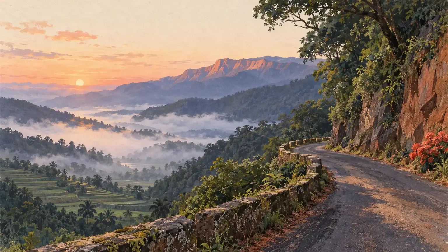 A painted hill road curving around a forested slope at dawn, mist in the valley below