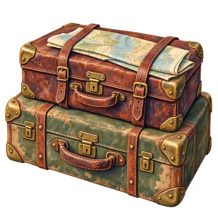 Two stacked leather travel cases with brass corners and a folded paper map tucked under the top strap