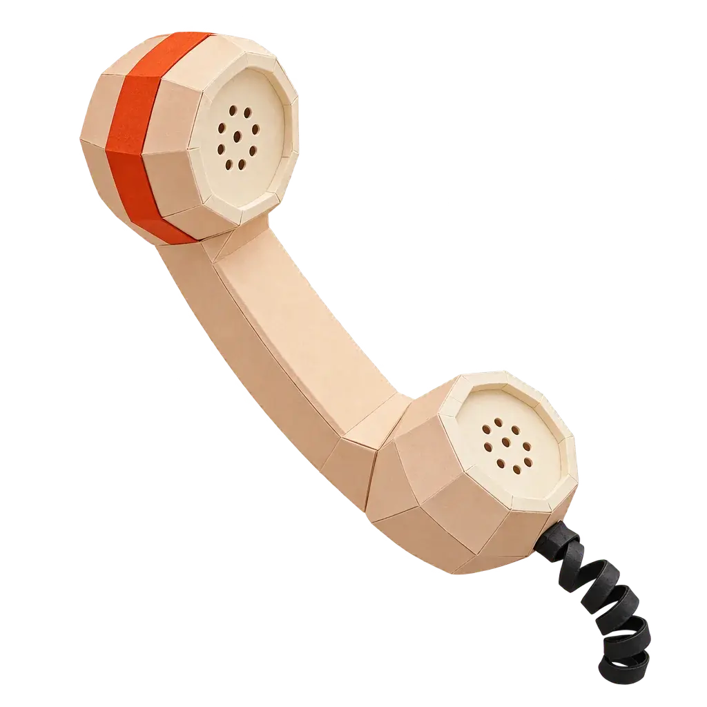 A paper-craft telephone handset with an orange band, hanging on its coiled cord