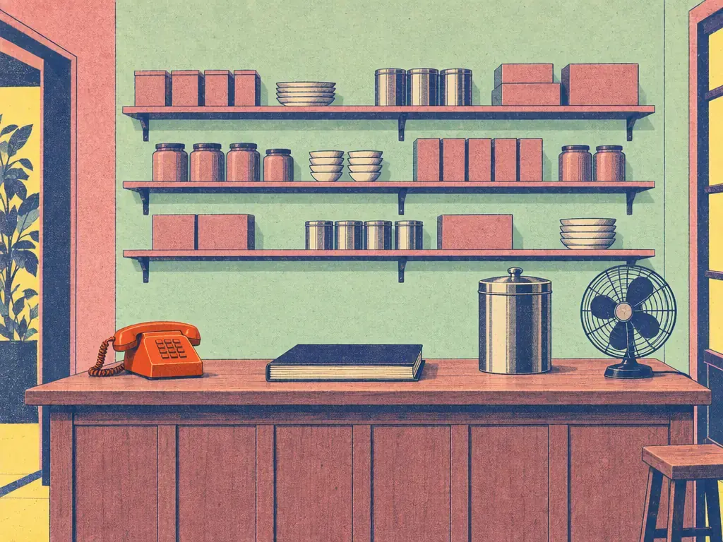 An illustrated shop counter with a corded telephone, a ledger, a steel jar and a small table fan