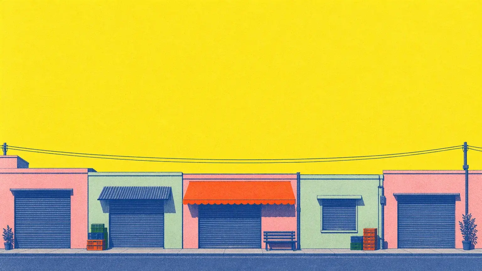 An illustrated high street of small shopfronts with rolled shutters and one orange awning, under a wide yellow sky