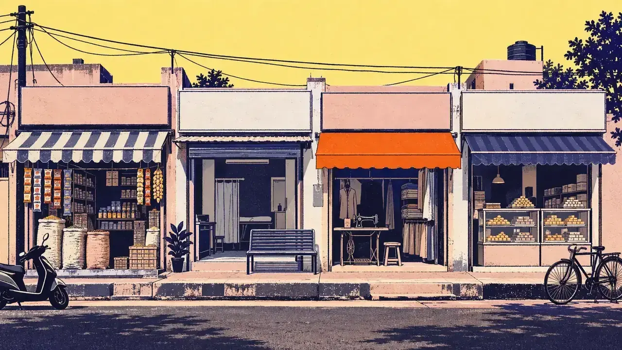 An illustrated Indian high street: a kirana shop, a tailor, a sweet shop and a parked scooter under a yellow sky