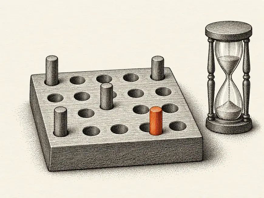 An engraved wooden peg board with pegs pushed into it beside an hourglass