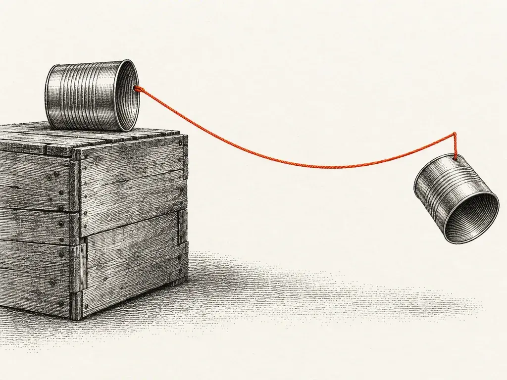 An engraved pair of tin-can telephones joined by one long taut string
