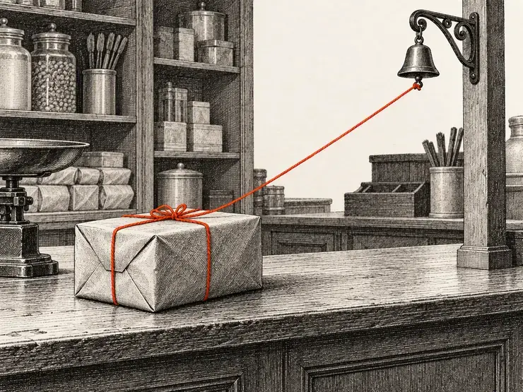 An engraved parcel on a counter with a string running to a hanging bell