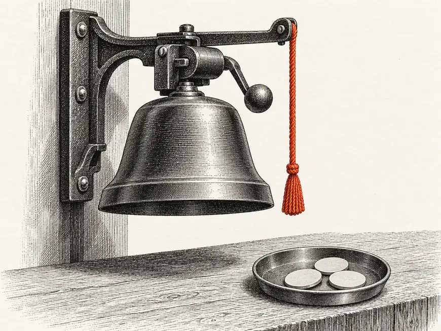 An engraved striker bell on a bracket with a pull cord, above a dish of blank discs