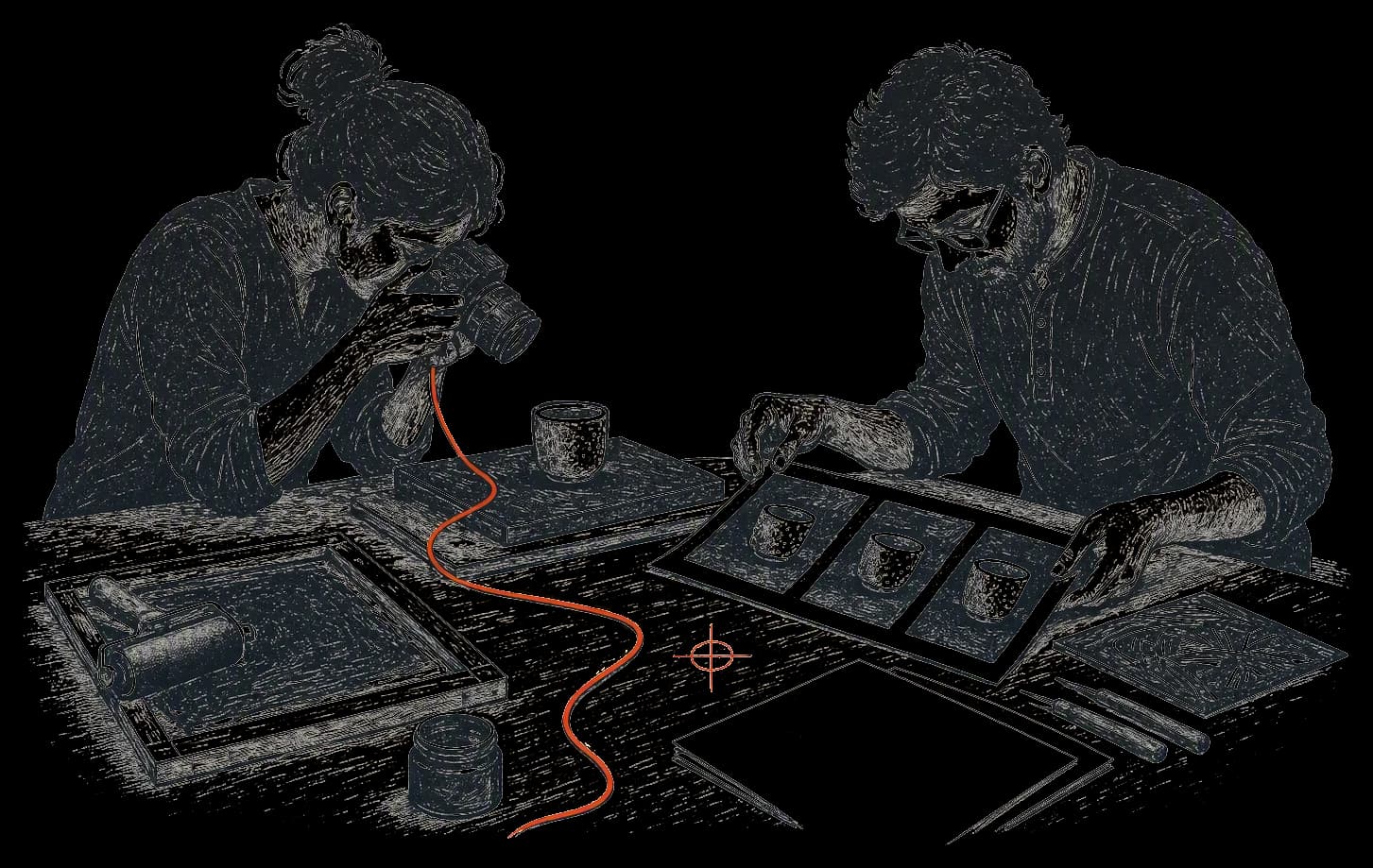 Creatives choosing product photographs and printed frames at a studio table