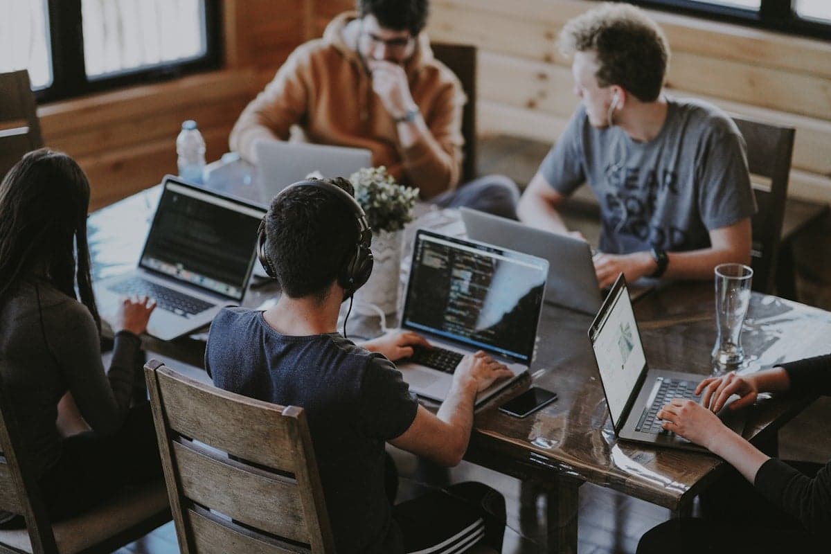 Startup team at laptop
